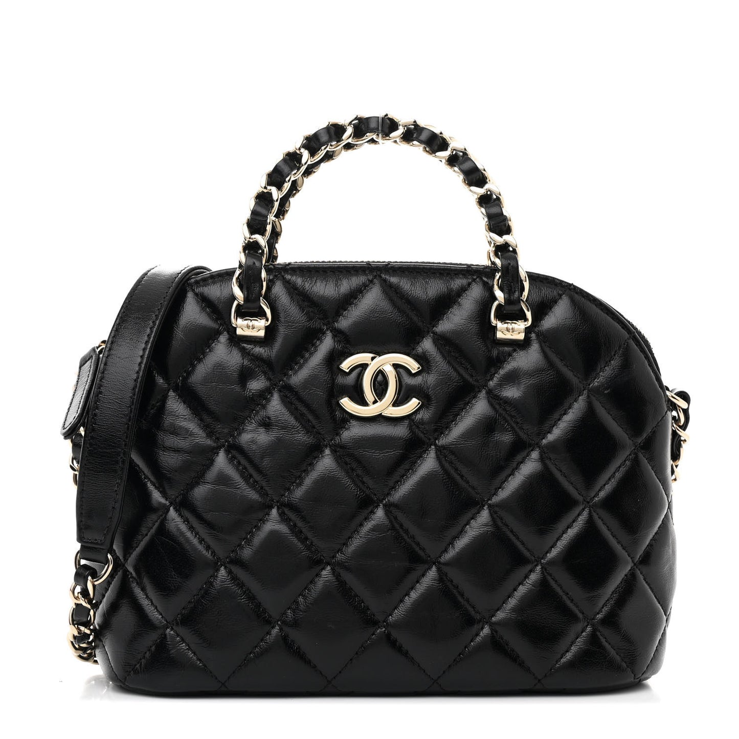 Shiny Lambskin Quilted Shiny Coco Clutch With Chain Black