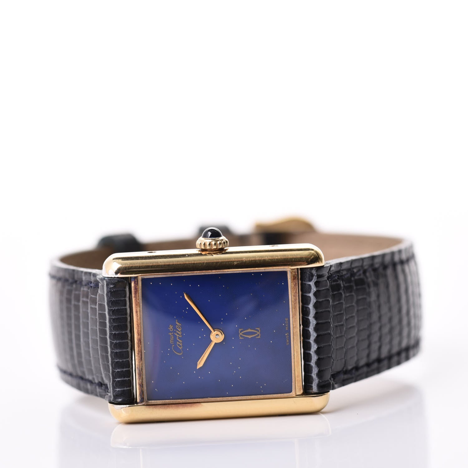 Cartier Sterling Silver Vermeil Lizard 23mm Must de Cartier Tank Manual Winding Watch Blue 2 of 6