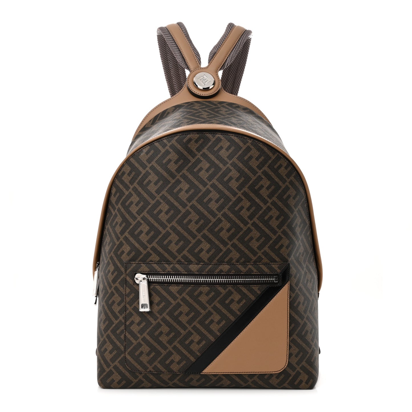Glazed Fabric Vitello King FF 1974 Diagonal Medium Chiodo Backpack Tobacco Moro Sand Black
