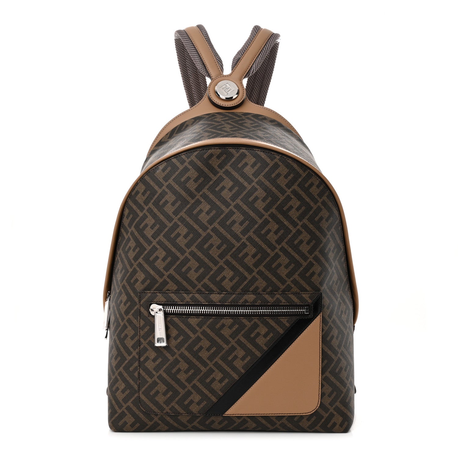 Fendi Glazed Fabric Vitello King FF 1974 Diagonal Medium Chiodo Backpack Tobacco Moro Sand Black 1 of 11