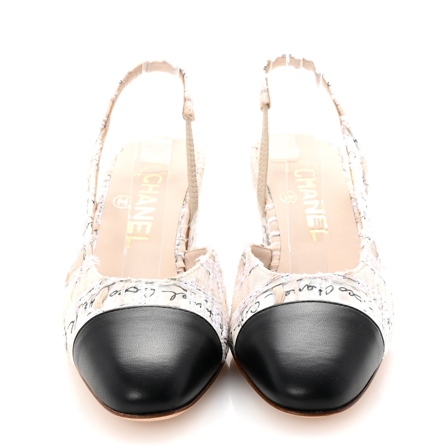 Tweed Lambskin Cap Toe CC Logo Slingback Pumps 35 Beige Ecru Black