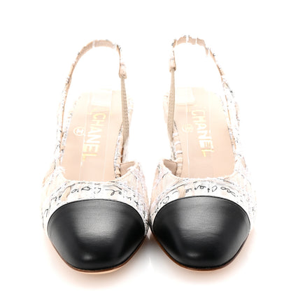 Chanel Tweed Lambskin Cap Toe CC Logo Slingback Pumps 35 Beige Ecru Black 3 of 10