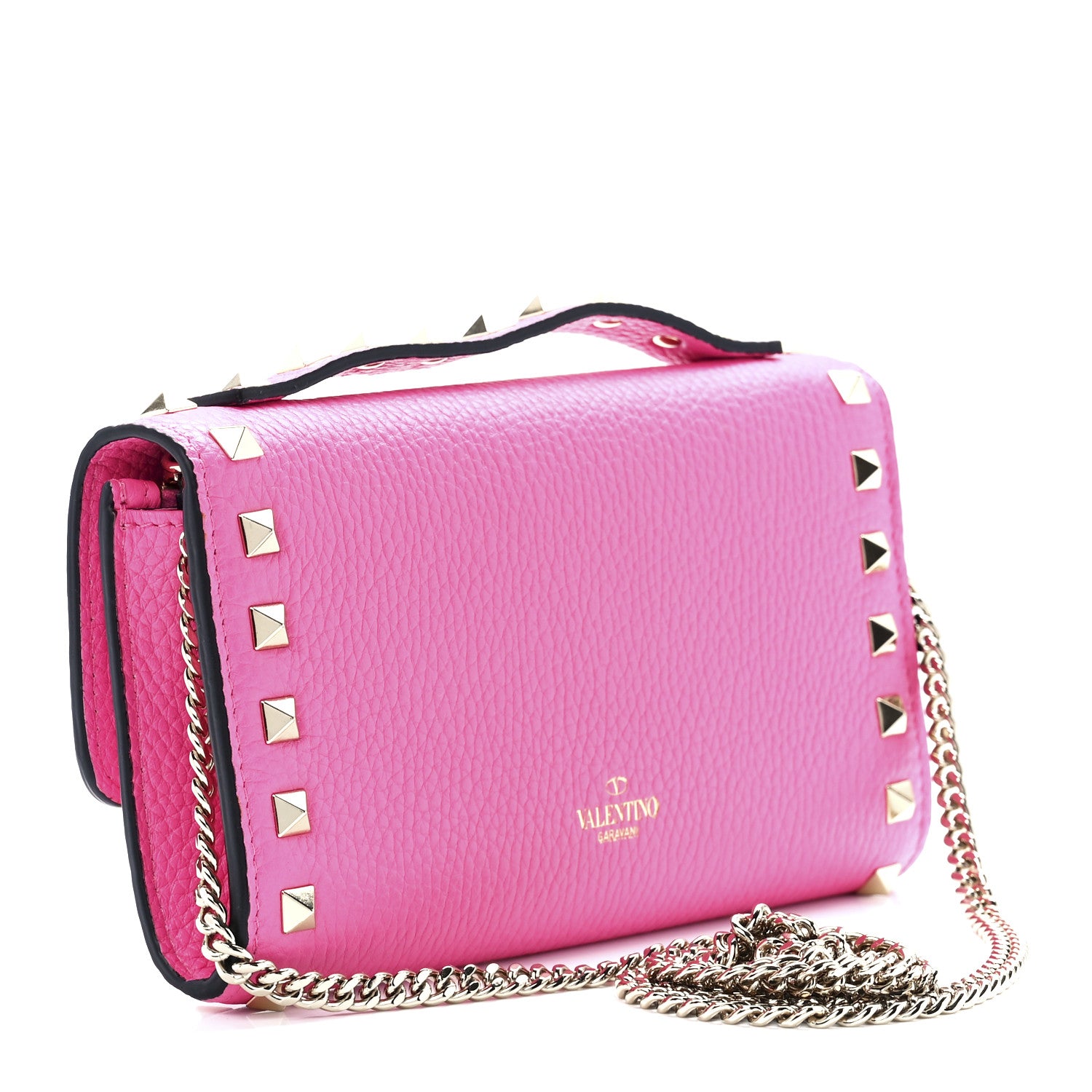 Valentino Garavani Pebbled Calfskin Rockstud Flip Lock Wallet On Chain Dawn Pink 2 of 10