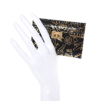 Chanel Calfskin Crocodile Embossed Graffiti 2.55 Cocodile Reissue Card Holder Black Gold 2 of 9