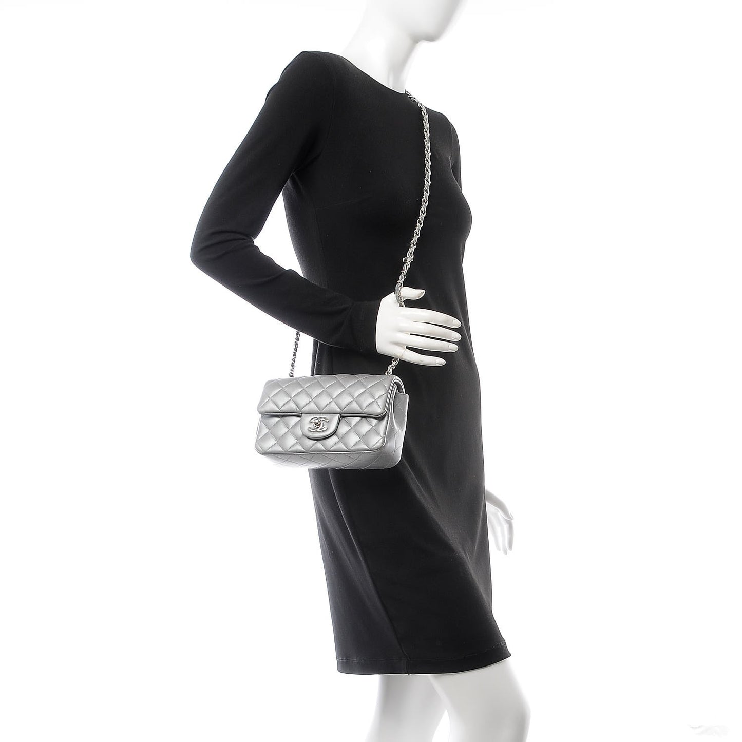 Metallic Lambskin Quilted Mini Rectangular Flap Silver