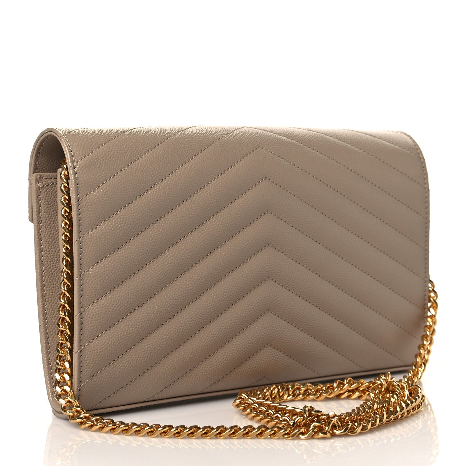 Saint Laurent Grain De Poudre Matelasse Chevron Monogram Chain Wallet Dark Beige 3 of 10