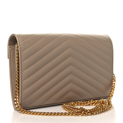 Saint Laurent Grain De Poudre Matelasse Chevron Monogram Chain Wallet Dark Beige 3 of 10