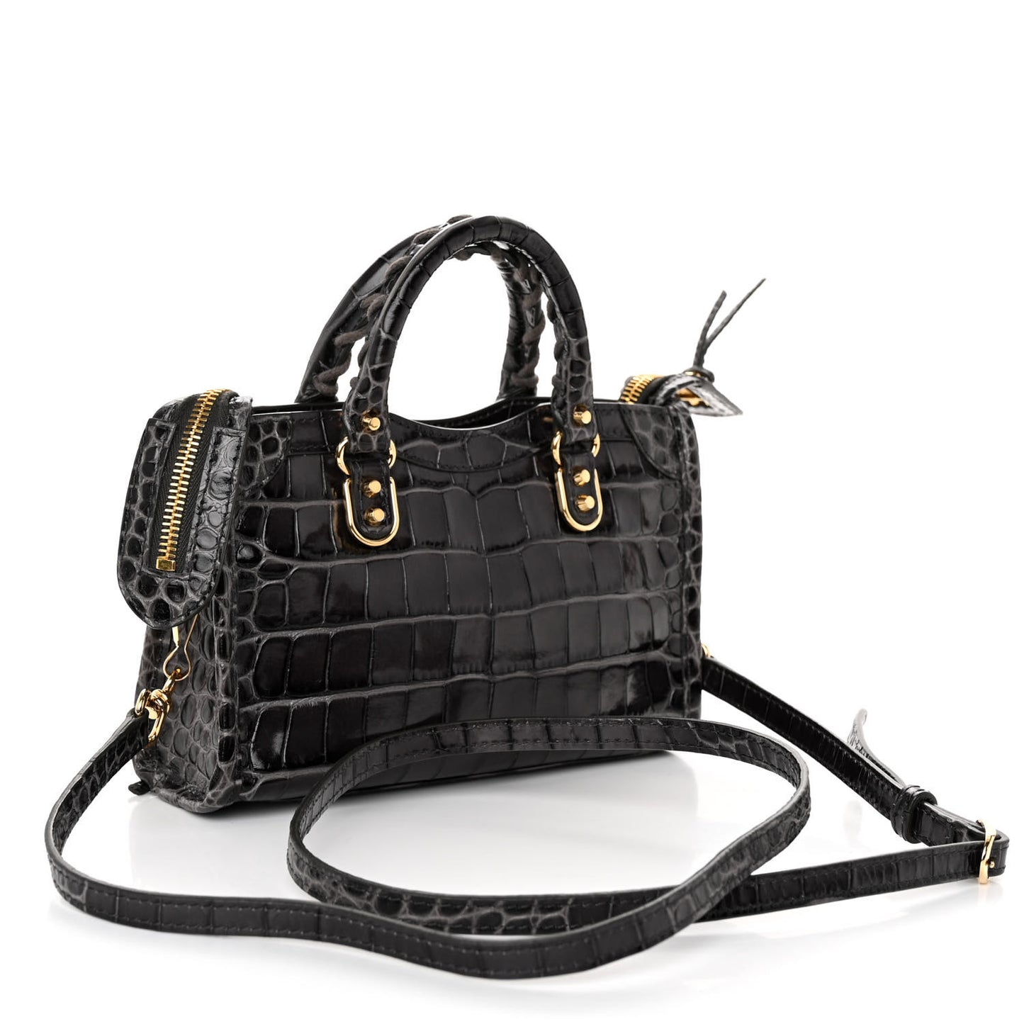 Calfskin Crocodile Embossed Gold Metallic Edge Hardware Nano City Dark Grey