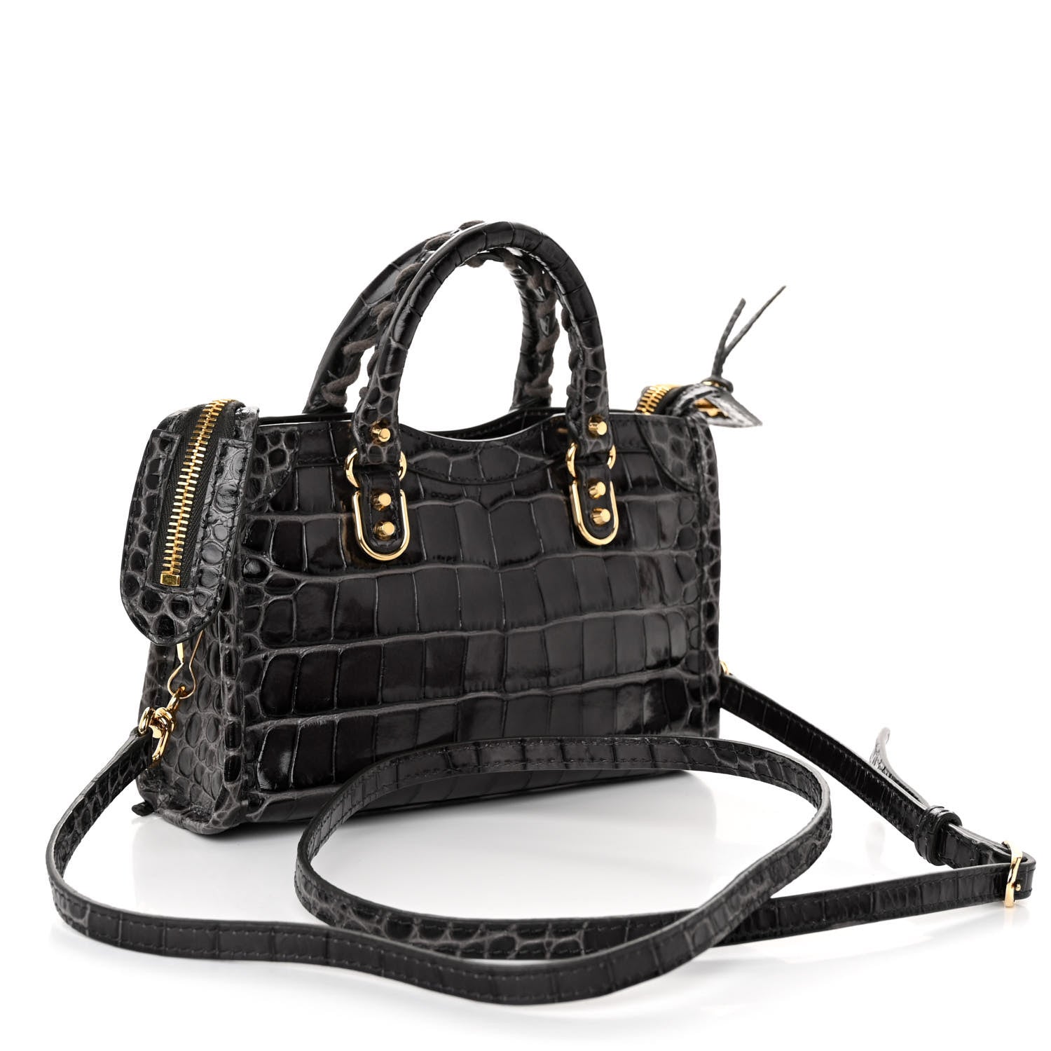 Balenciaga Calfskin Crocodile Embossed Gold Metallic Edge Hardware Nano City Dark Grey 3 of 9
