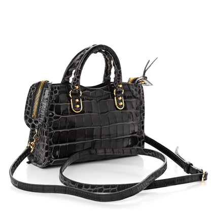 Balenciaga Calfskin Crocodile Embossed Gold Metallic Edge Hardware Nano City Dark Grey 3 of 9