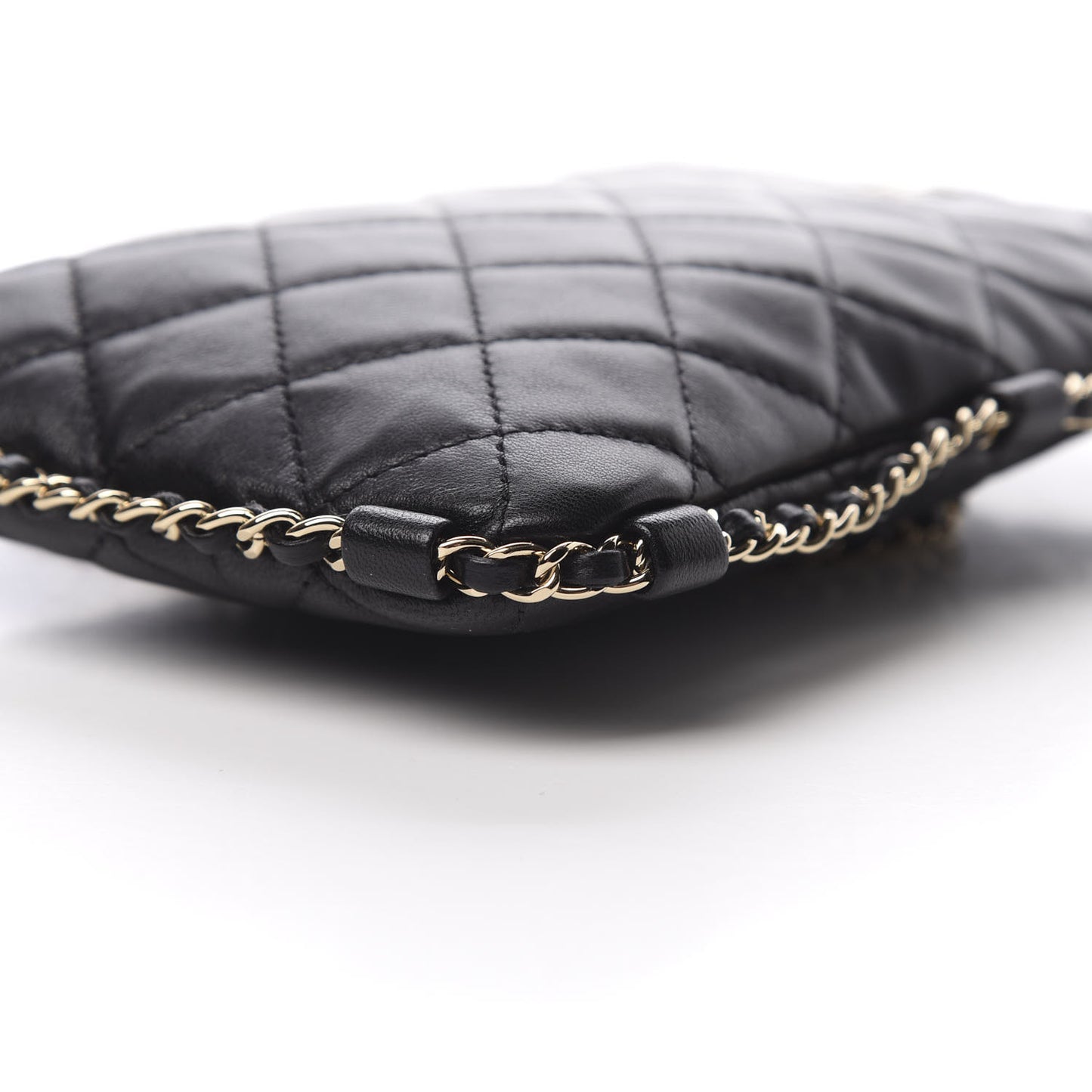 Lambskin Quilted Chain Around Phone Holder Black
