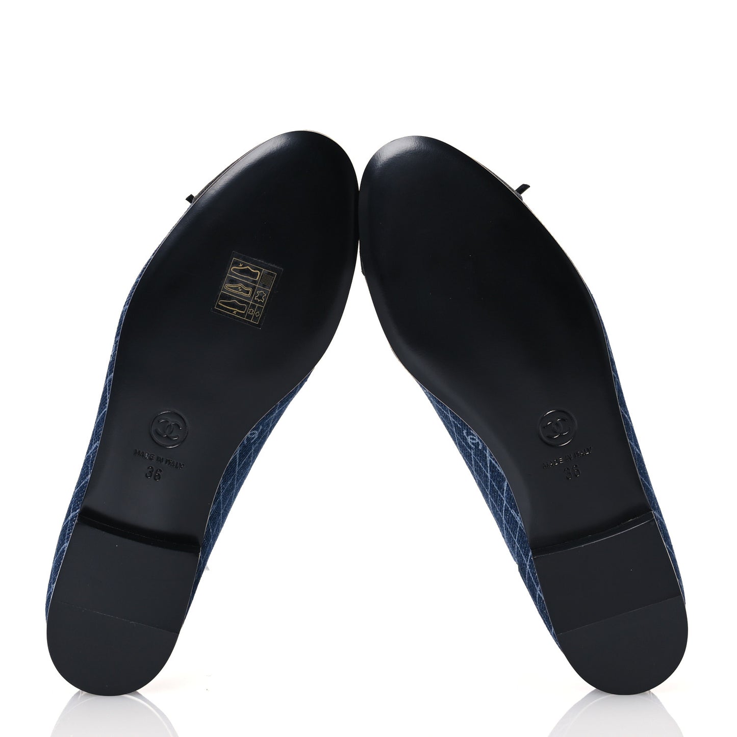 Denim Printed Quilt CC Cap Toe Ballerina Flats 36 Navy Blue Dark Grey