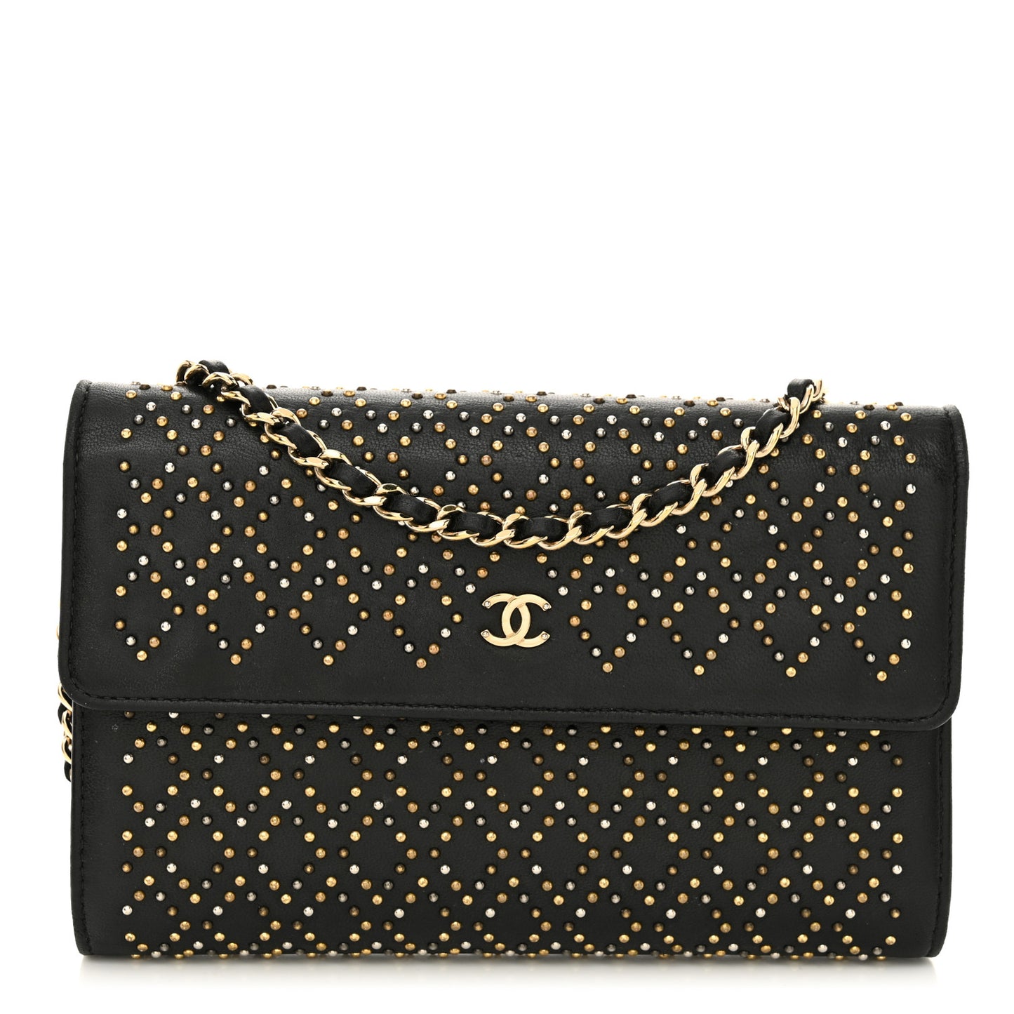 Lambskin Studded Wallet on Removable Chain Black