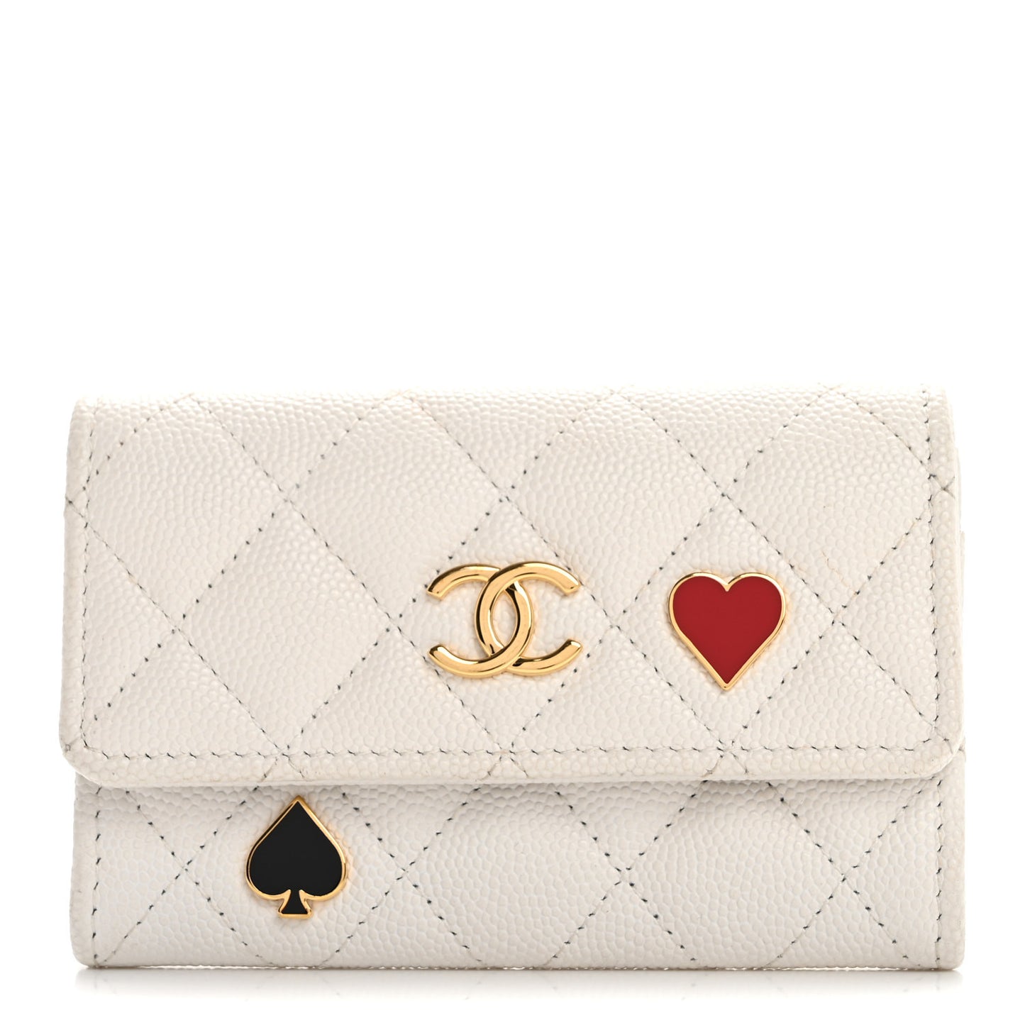 Caviar Quilted Enamel Coco Casino Flap Card Holder Wallet White