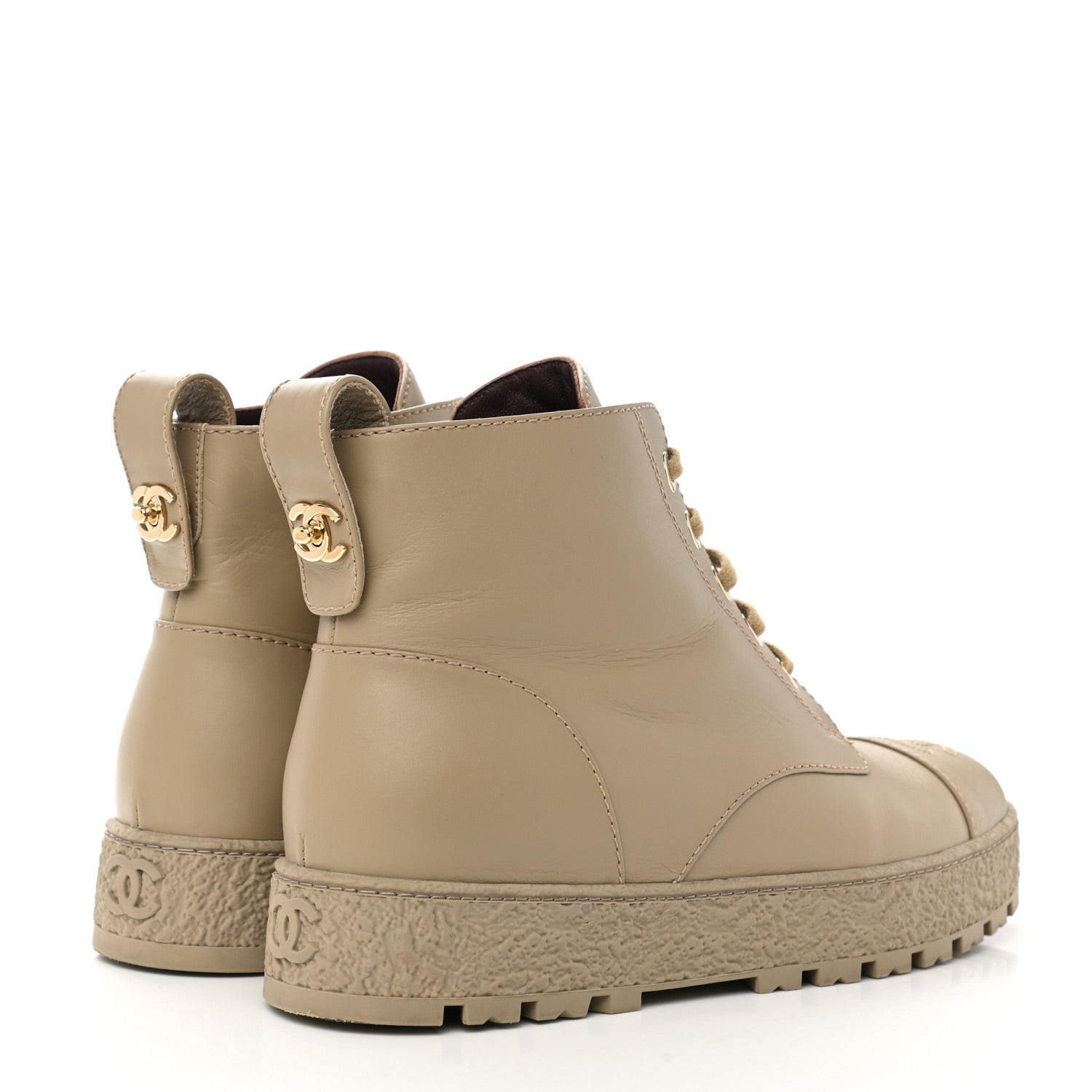 Chanel Calfskin CC Turnlock Lace Up Boots 40 Beige 4 of 8