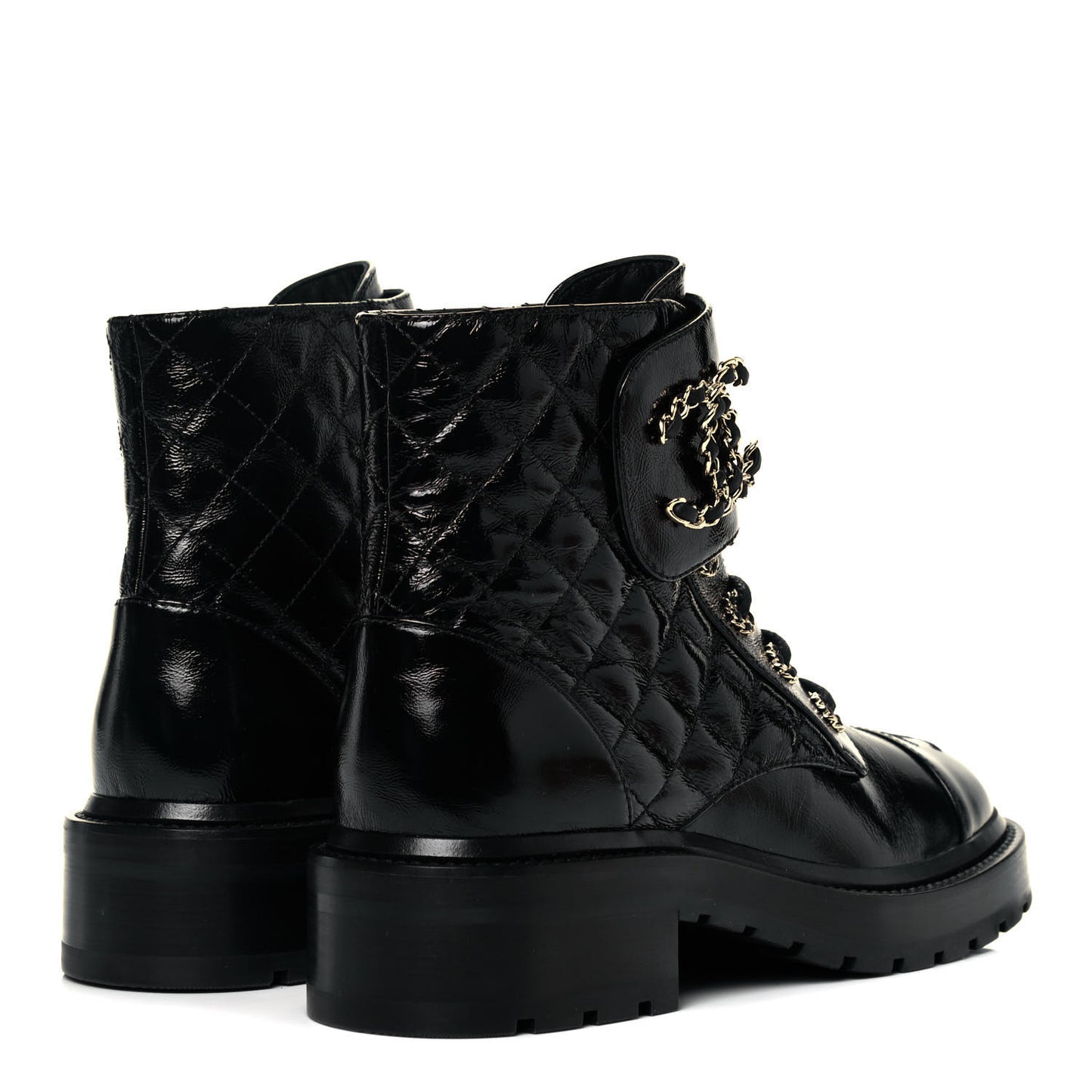 Shiny Calfskin Quilted Lace Up Combat Boots 37 Black