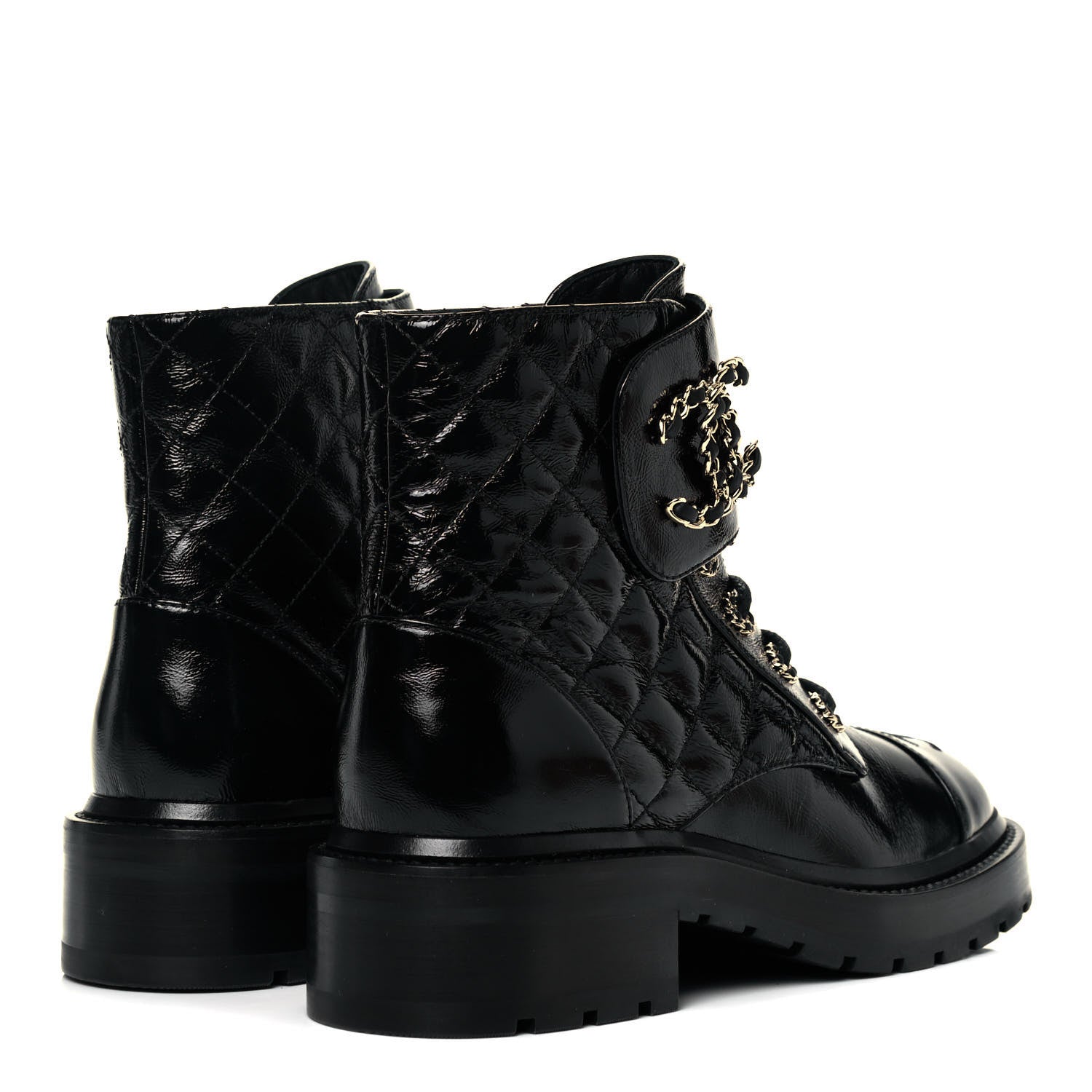 Chanel Shiny Calfskin Quilted Lace Up Combat Boots 37 Black 4 of 7