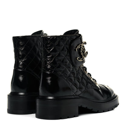 Chanel Shiny Calfskin Quilted Lace Up Combat Boots 37 Black 4 of 7