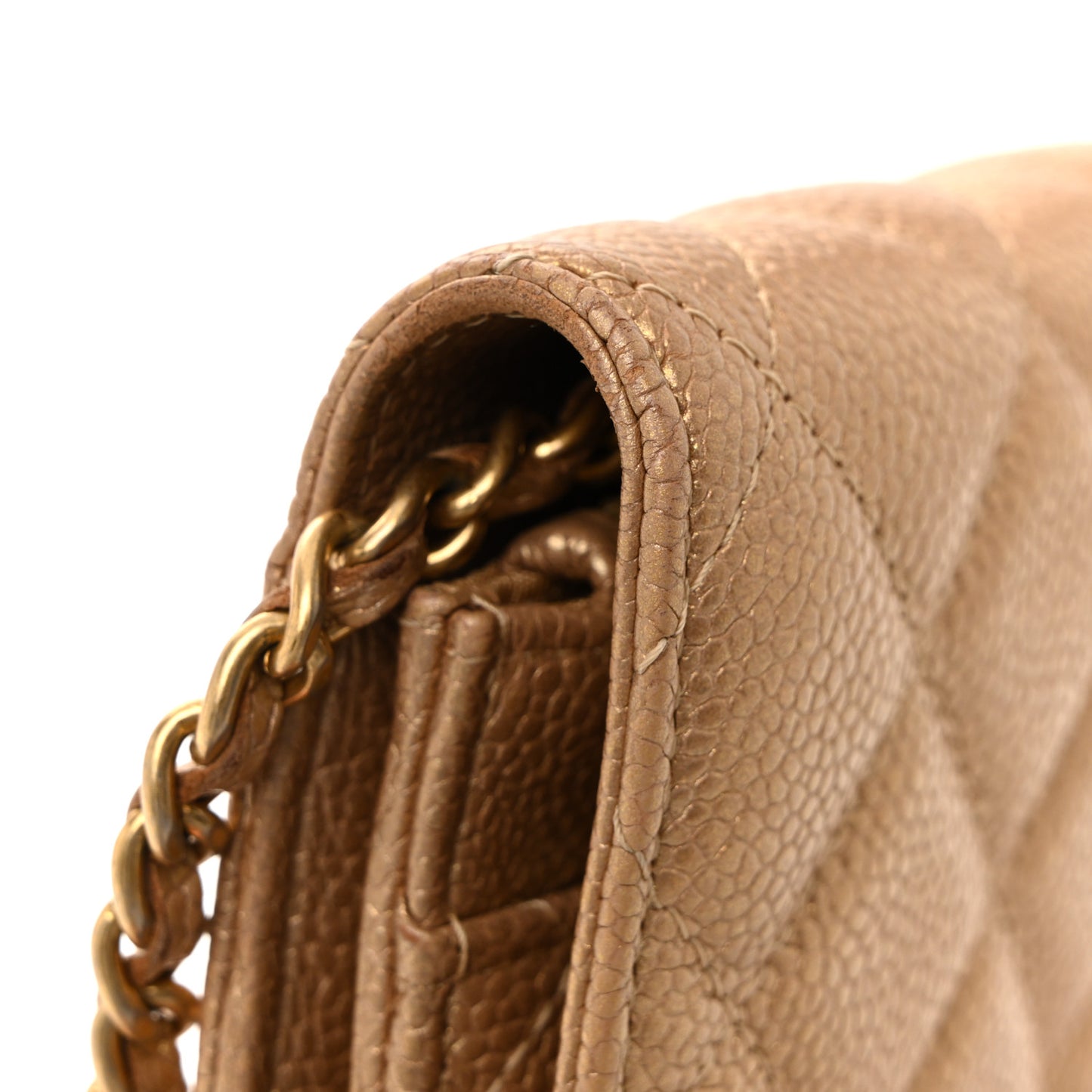 Metallic Caviar Quilted Wallet On Chain WOC Dark Gold