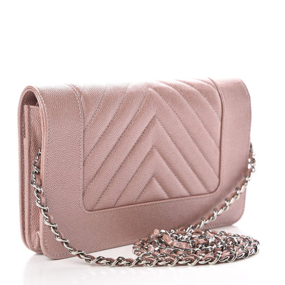 Chanel Metallic Caviar Chevron Quilted Vintage Mademoiselle Wallet On Chain WOC Pink 3 of 11