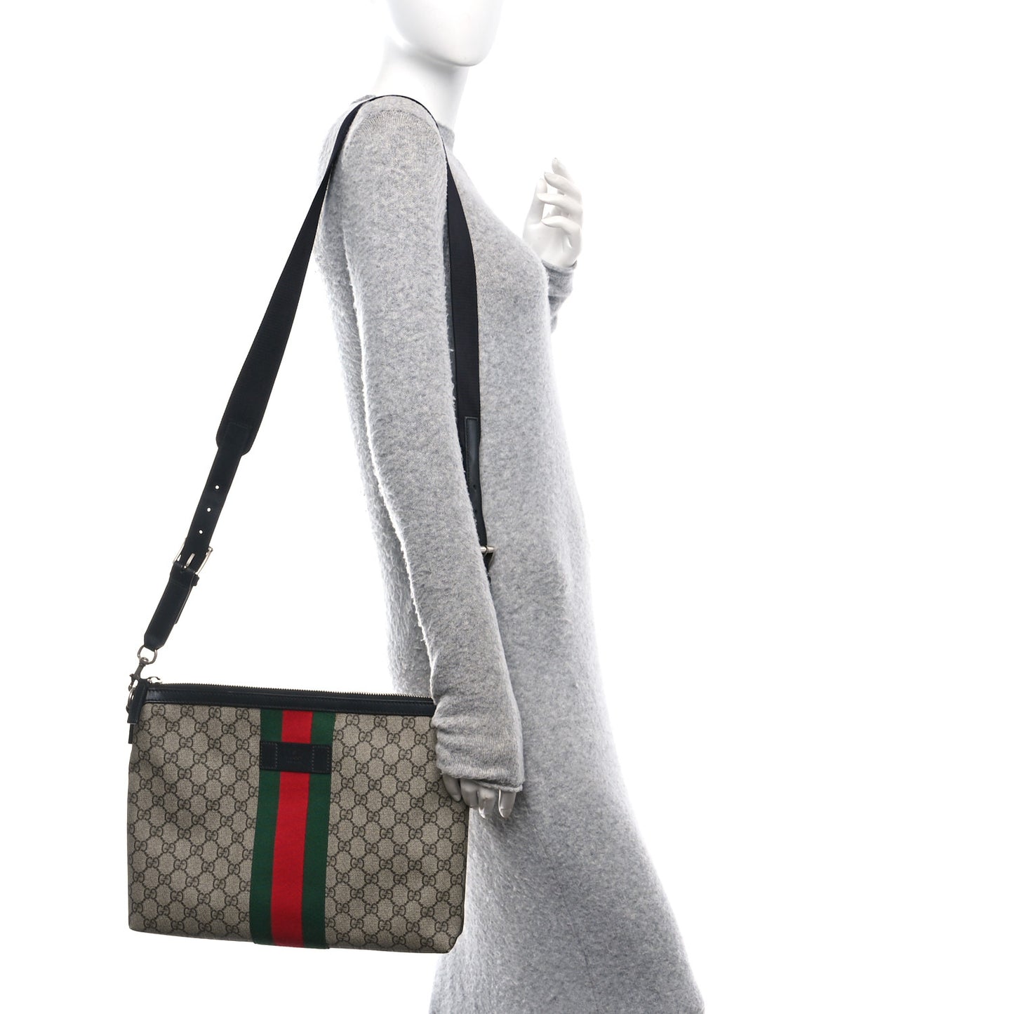 GG Supreme Monogram Calfskin Web Medium Flat Messenger Bag Beige Ebony Black