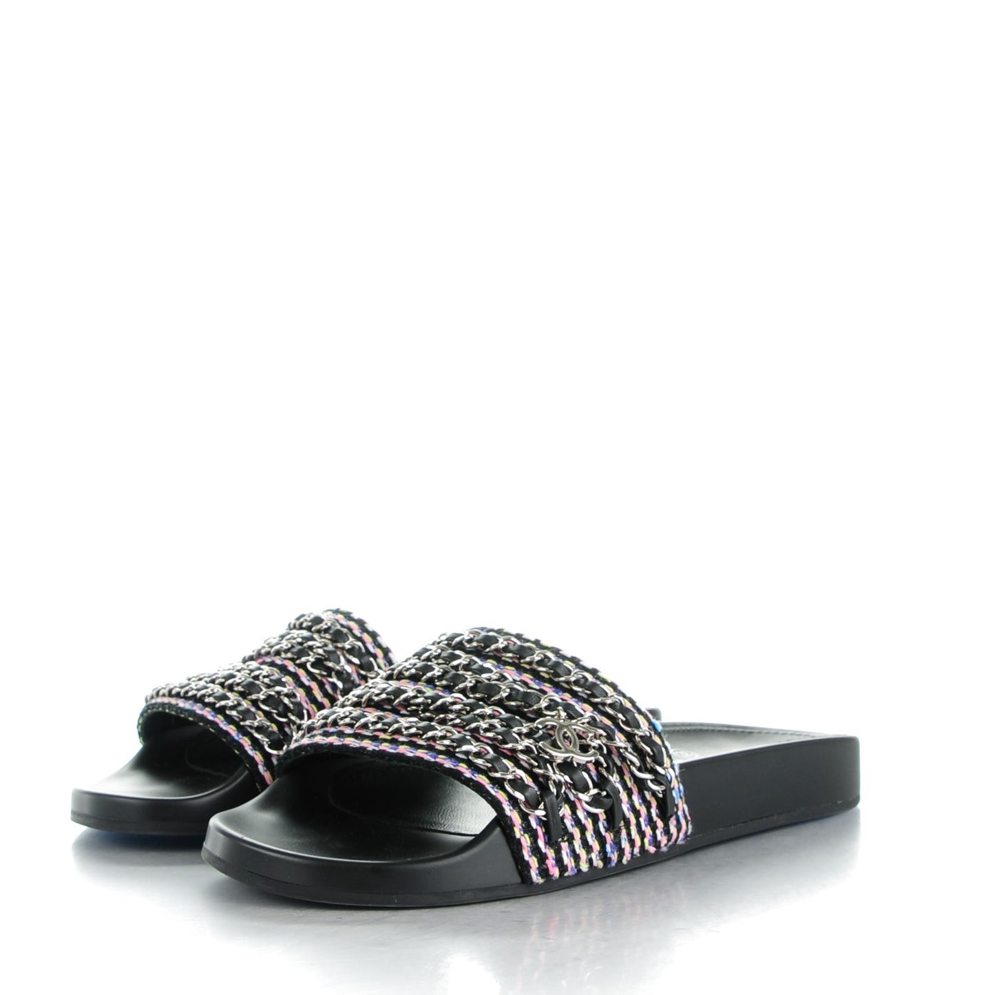 Tweed Lambskin Chain Flat Sandals 39 Black Multicolor