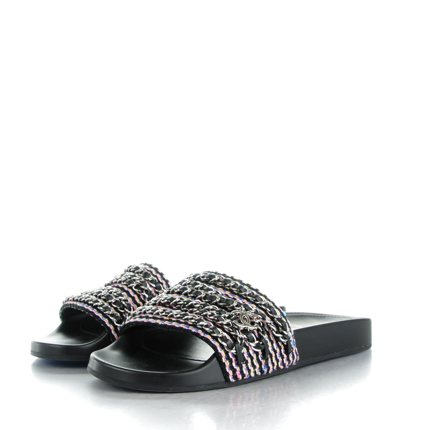 Chanel Tweed Lambskin Chain Flat Sandals 39 Black Multicolor 3 of 9