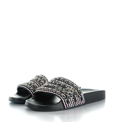 Chanel Tweed Lambskin Chain Flat Sandals 39 Black Multicolor 3 of 9