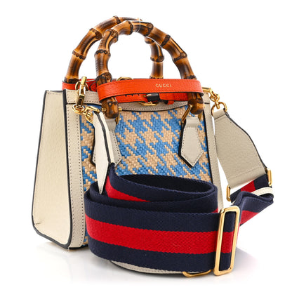 Gucci Raffia Calfskin Web Houndstooth Small Diana Tote Bag Light Blue Natural Deep Orange 3 of 10