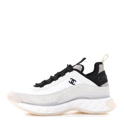 Chanel Nylon Calfskin Suede CC Sneakers 39 White Grey Yellow 1 of 10