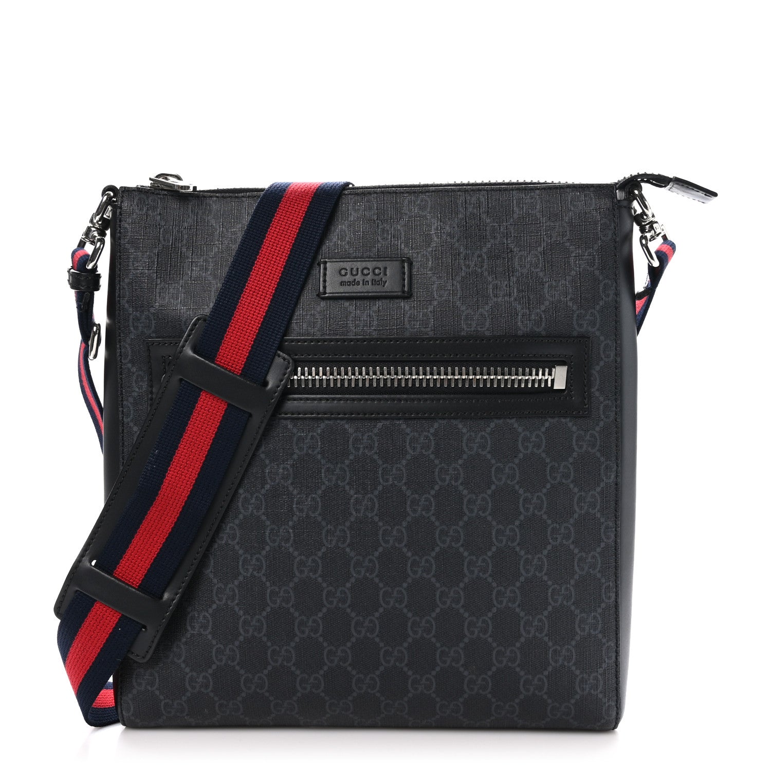 Gucci GG Supreme Monogram Appia Calfskin Web Flat Messenger Bag Black Grey 1 of 10