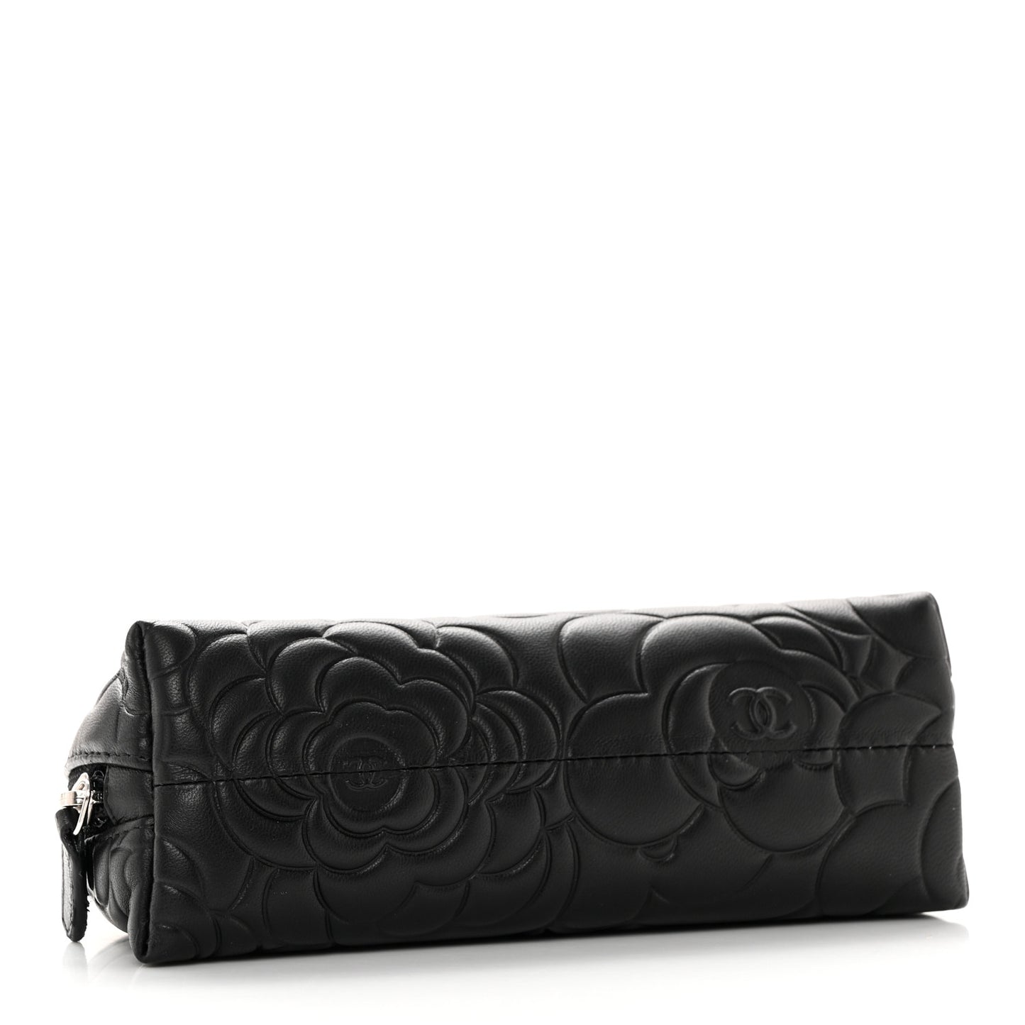 Lambskin Camellia Embossed Cosmetic Case Black