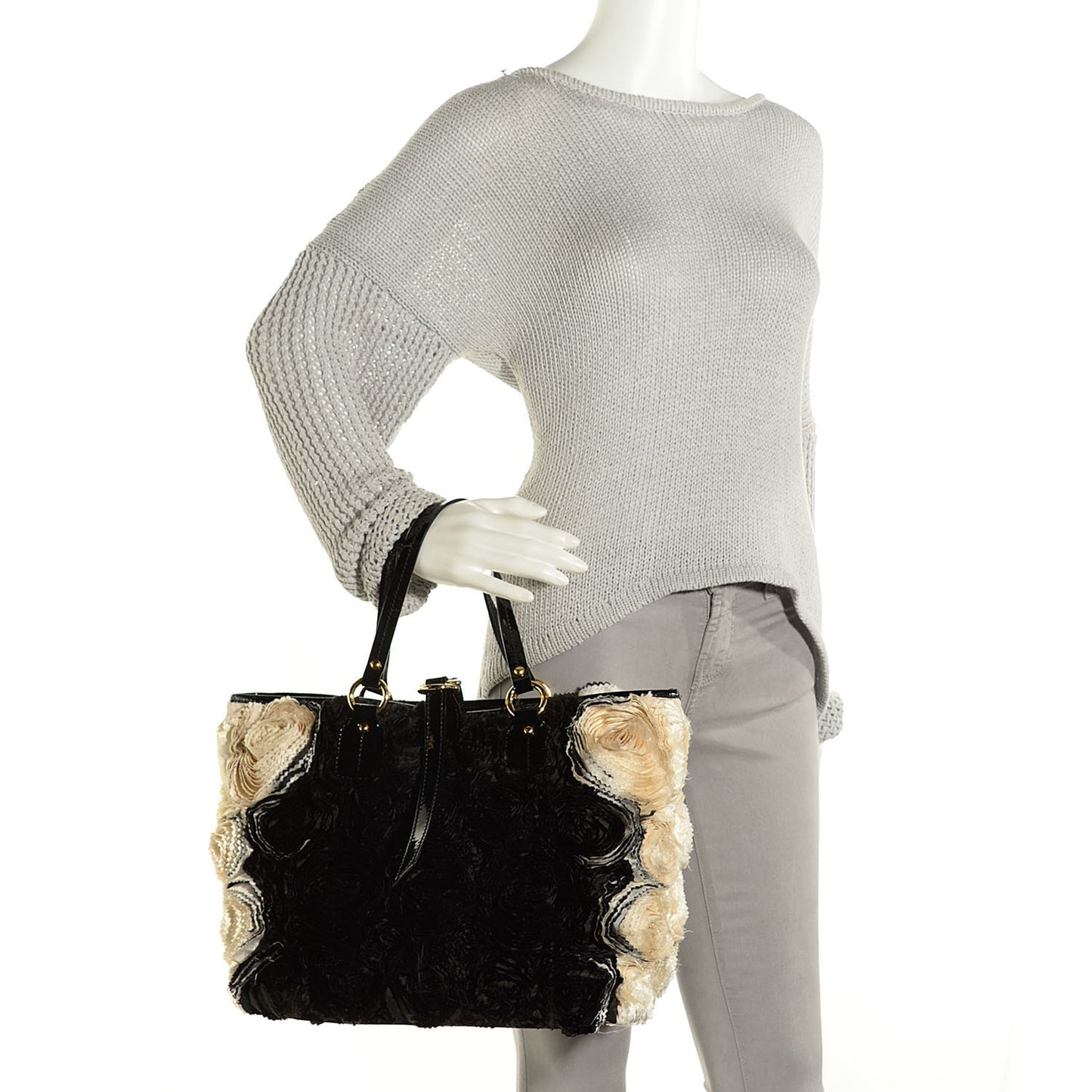 Silk Georgette Rosier Small Tote Ivory Black