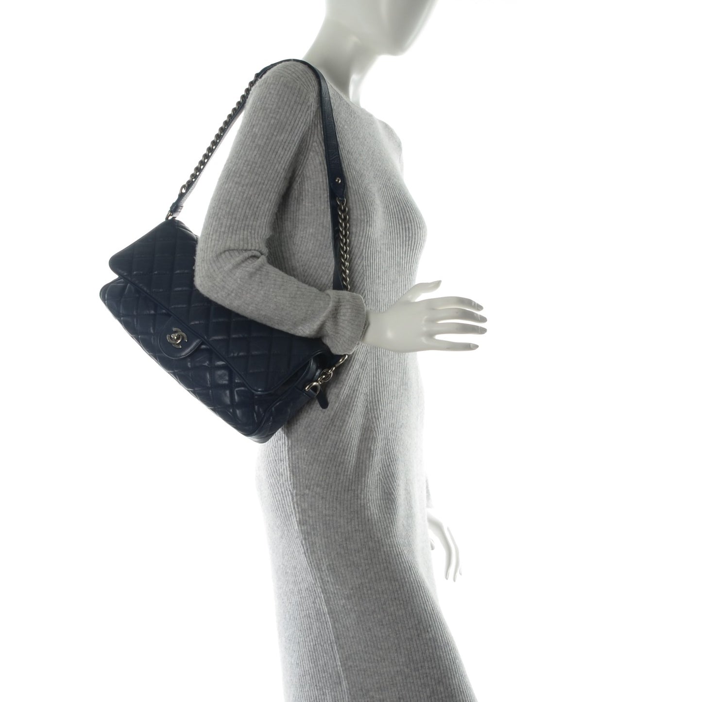 Crumpled Calfskin Quilted Medium Casual Rock Flap Navy