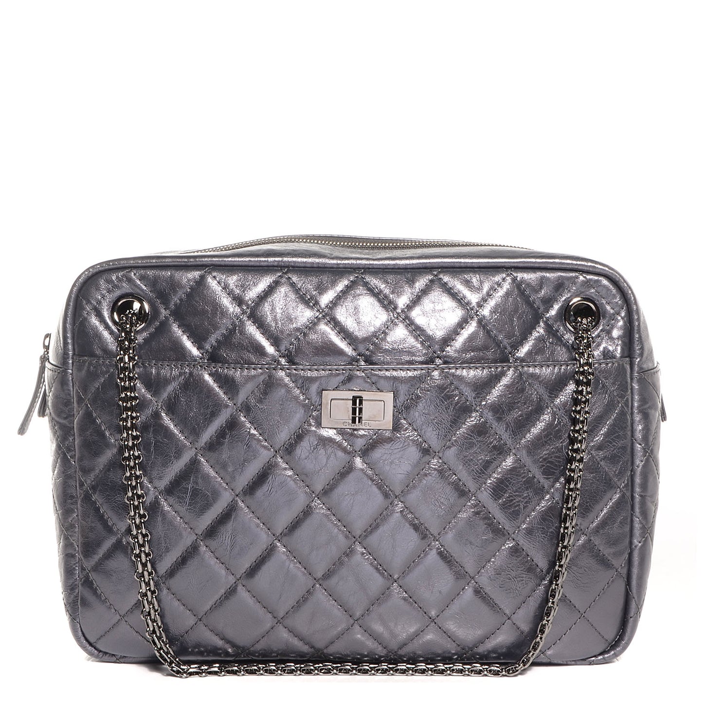 Metallic Aged Calfskin Quilted Large Reissue Camera Case Silver