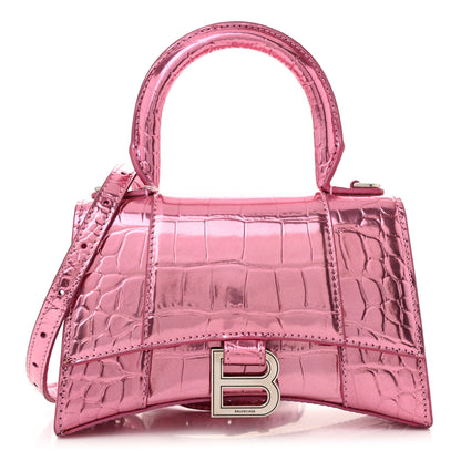Balenciaga Metallic Shiny Calfskin Crocodile Embossed Hourglass Top Handle Bag XS Pink 1 of 10