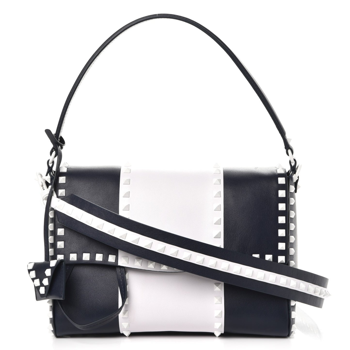 Vitello Colorblock Free Rockstud Top Handle Shoulder Bag Marine White