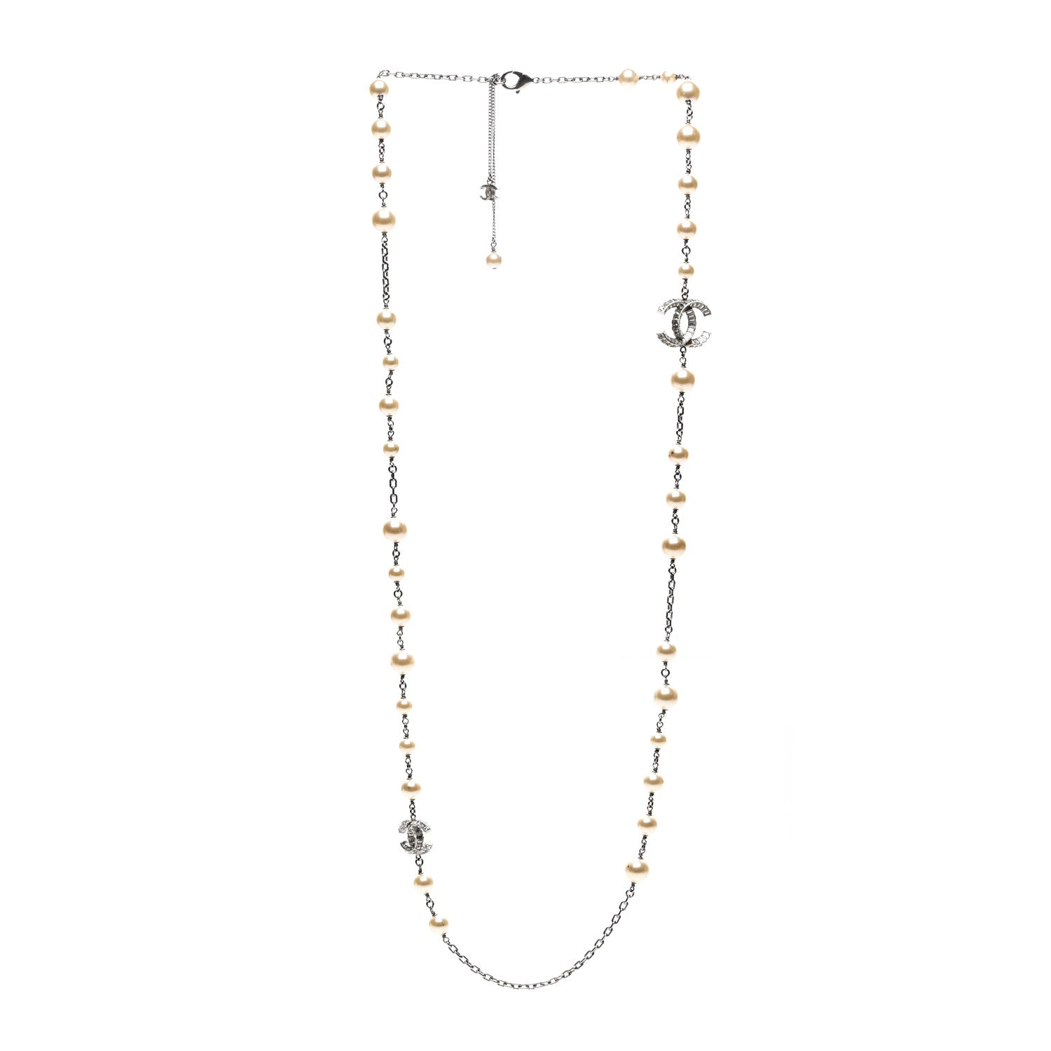 Chanel Graduated Pearl Crystal CC Long Necklace Silver 3 of 5