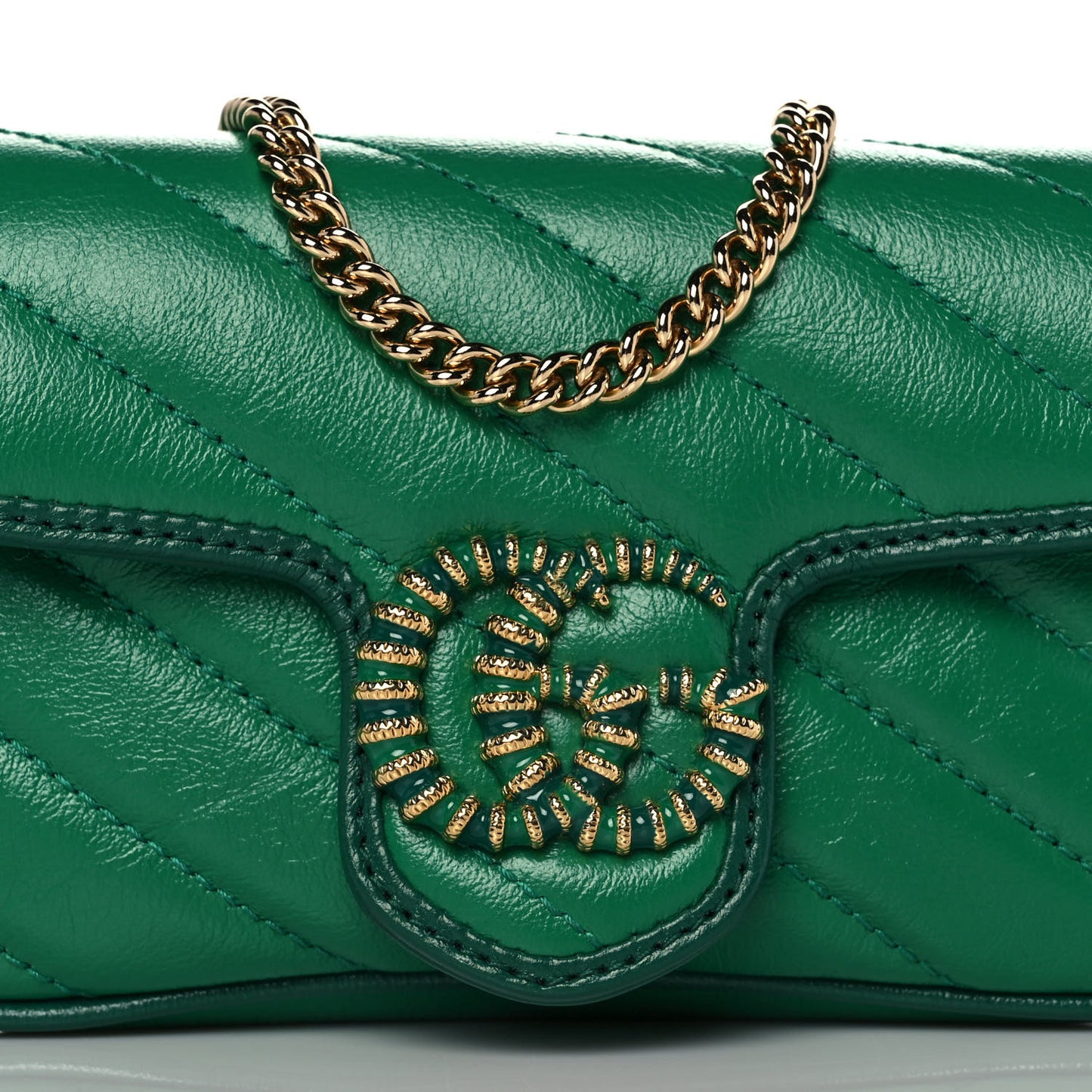 Azalea Calfskin Enamel Matelasse Diagonal Super Mini Torchon GG Marmont Shoulder Bag New Shamarock Emerald