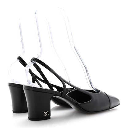 Chanel Lambskin Cap Toe CC Slingback Sandals 39.5 Black Grey 5 of 9