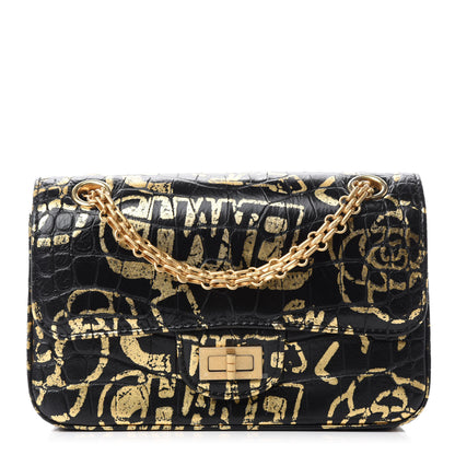 Chanel Calfskin Crocodile Embossed Graffiti 2.55 Mini Cocodile Reissue Flap Black Gold 1 of 11