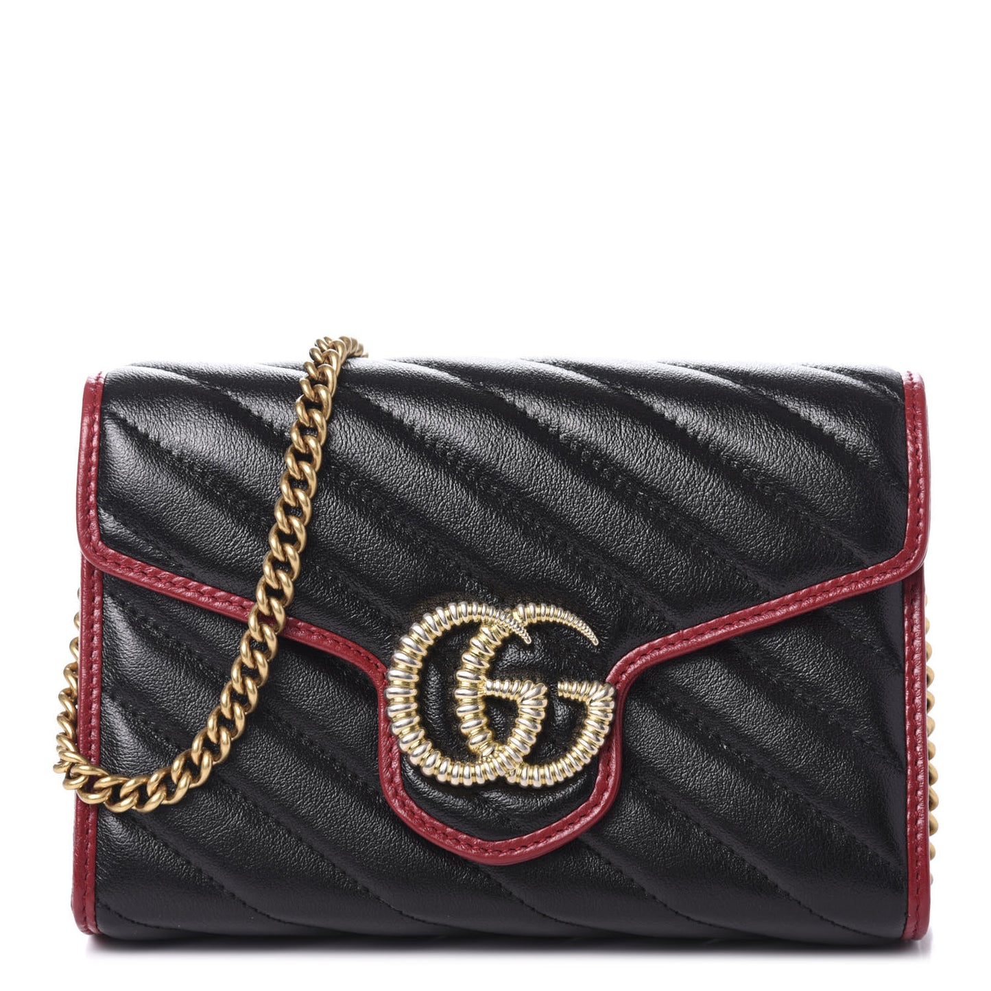 Vintage Effect Calfskin Matelasse Diagonal Torchon GG Marmont Chain Wallet Black Romantic Cherry