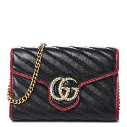 Gucci Vintage Effect Calfskin Matelasse Diagonal Torchon GG Marmont Chain Wallet Black Romantic Cherry 1 of 9