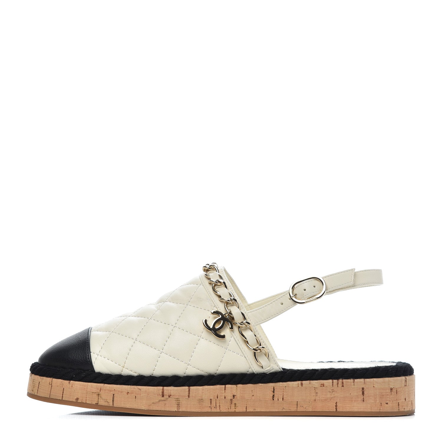 Chanel Lambskin Calfskin Cap Toe Chain Mules Sandals 38 Ivory Black 1 of 25