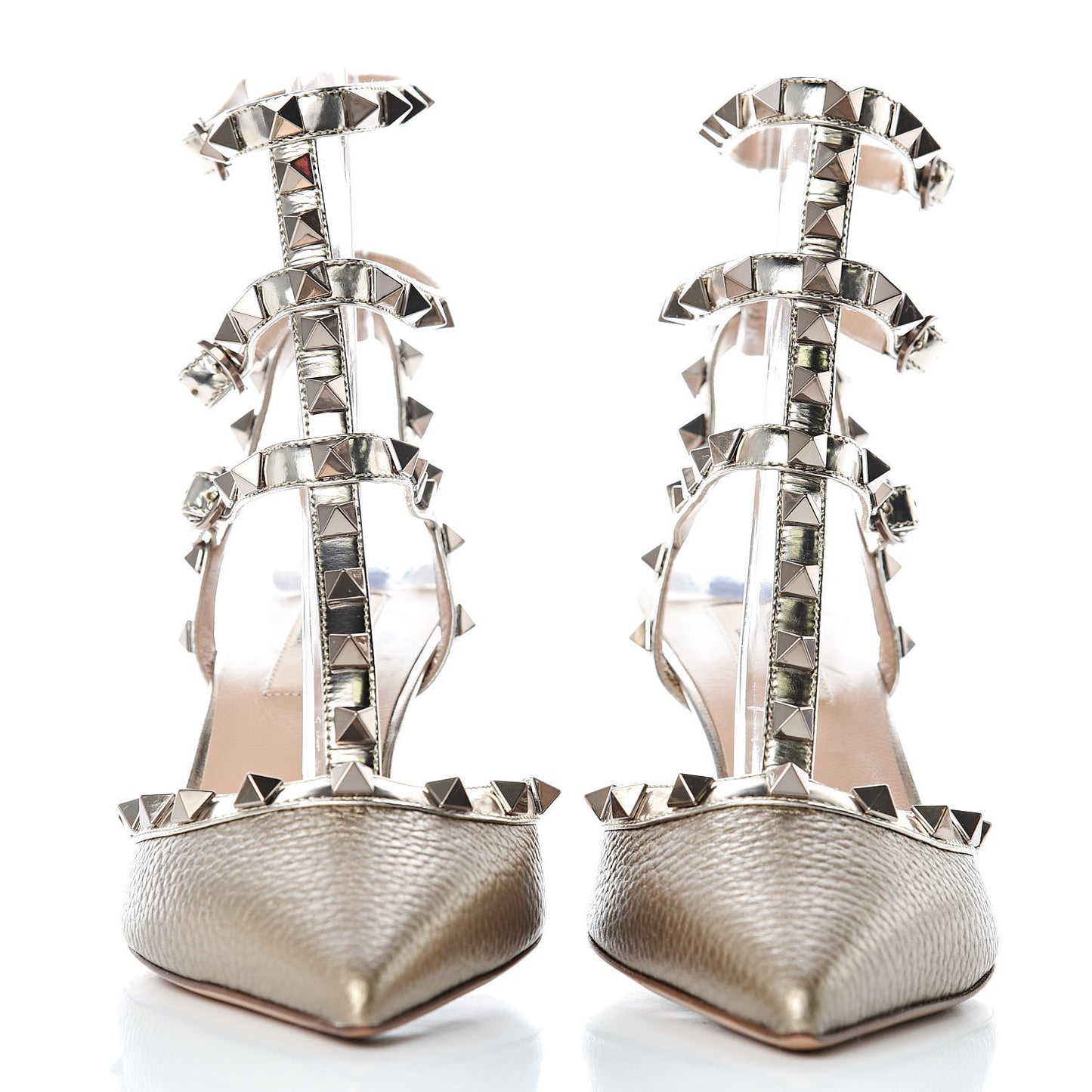 Metallic Pebbled Calfskin Patent Rockstud Ankle Strap 65mm Pumps 37.5 Skin