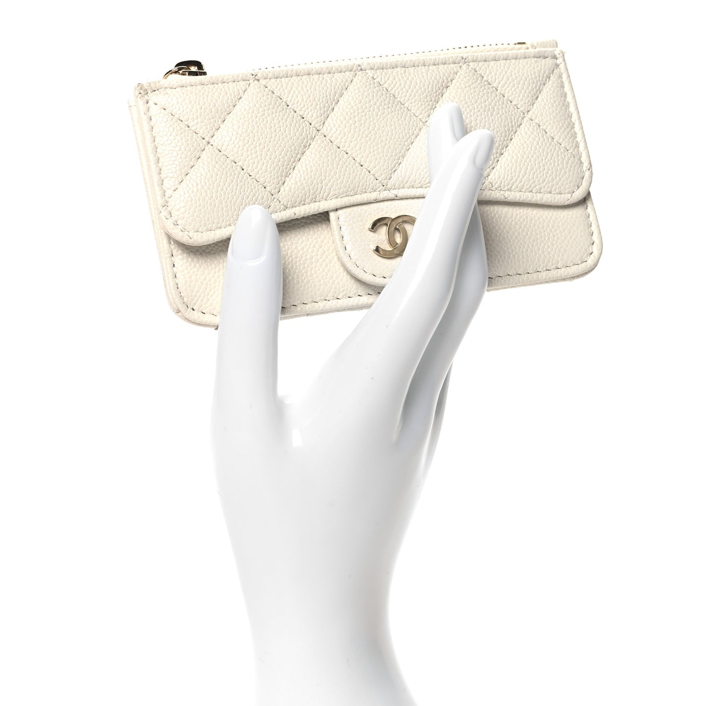Caviar Quilted Flap Zip Card Holder White