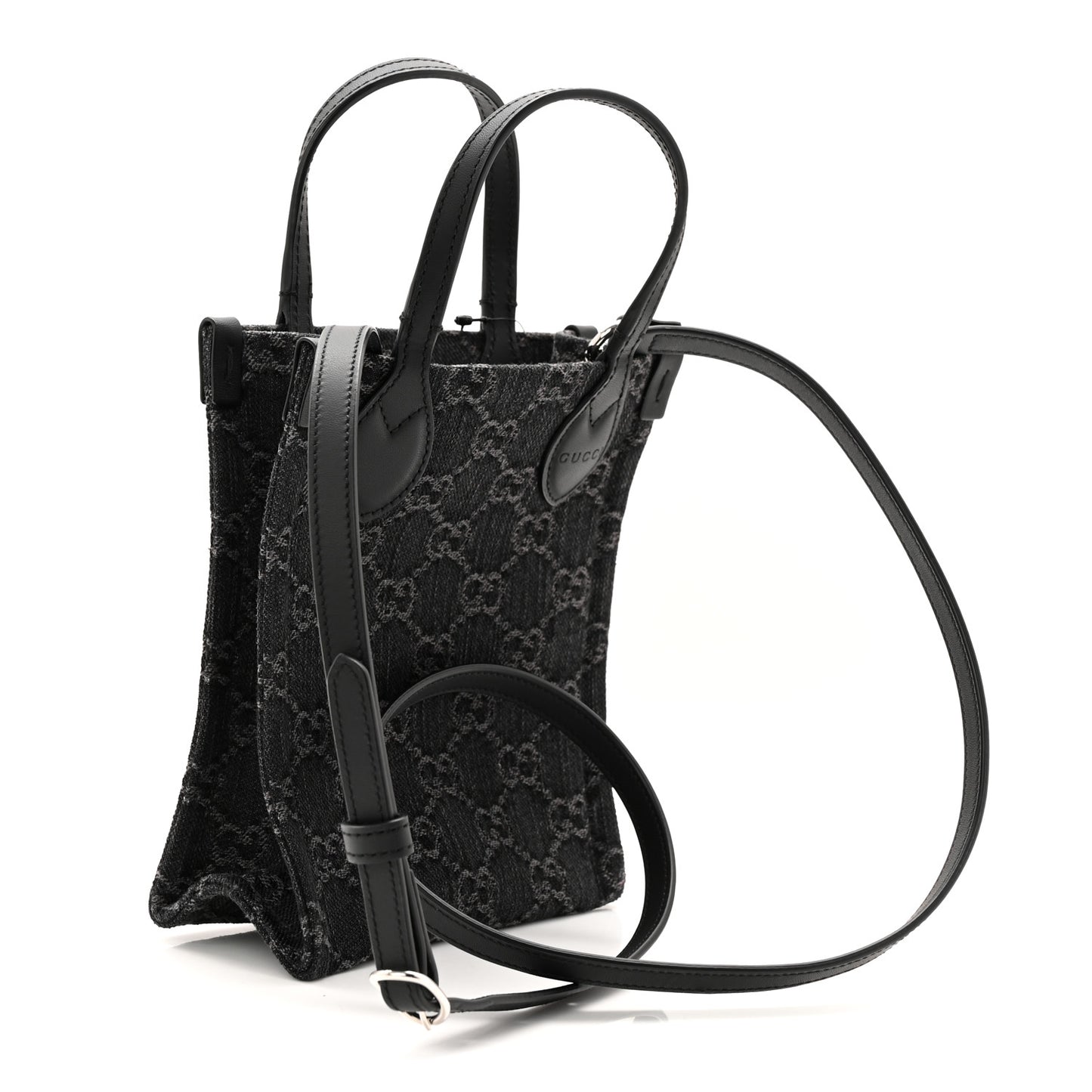Denim Cuoio Harness GG Monogram Mini Ophidia Tote Bag Black Medium Grey