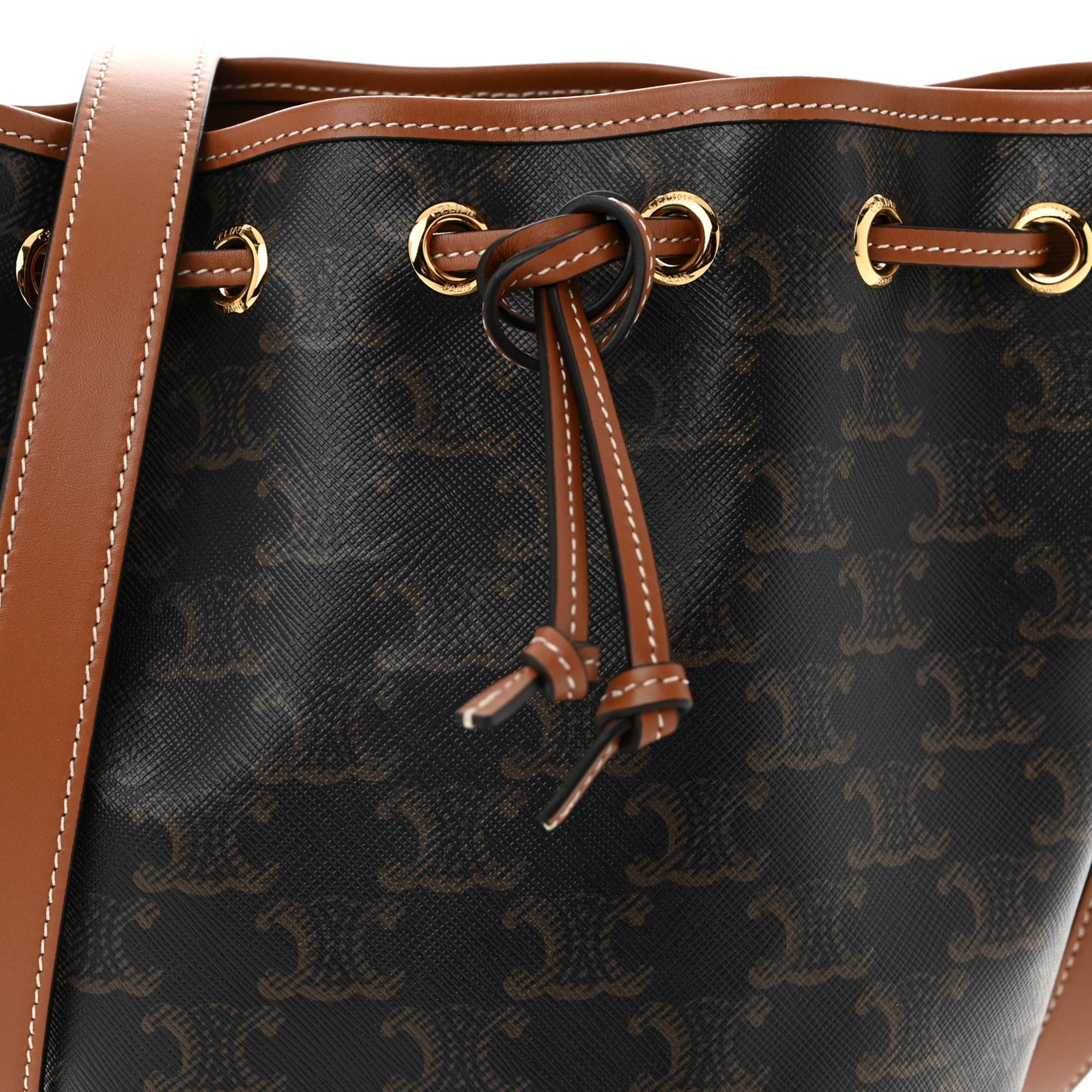 Triomphe Canvas Calfskin Small Drawstring Bucket Bag Tan