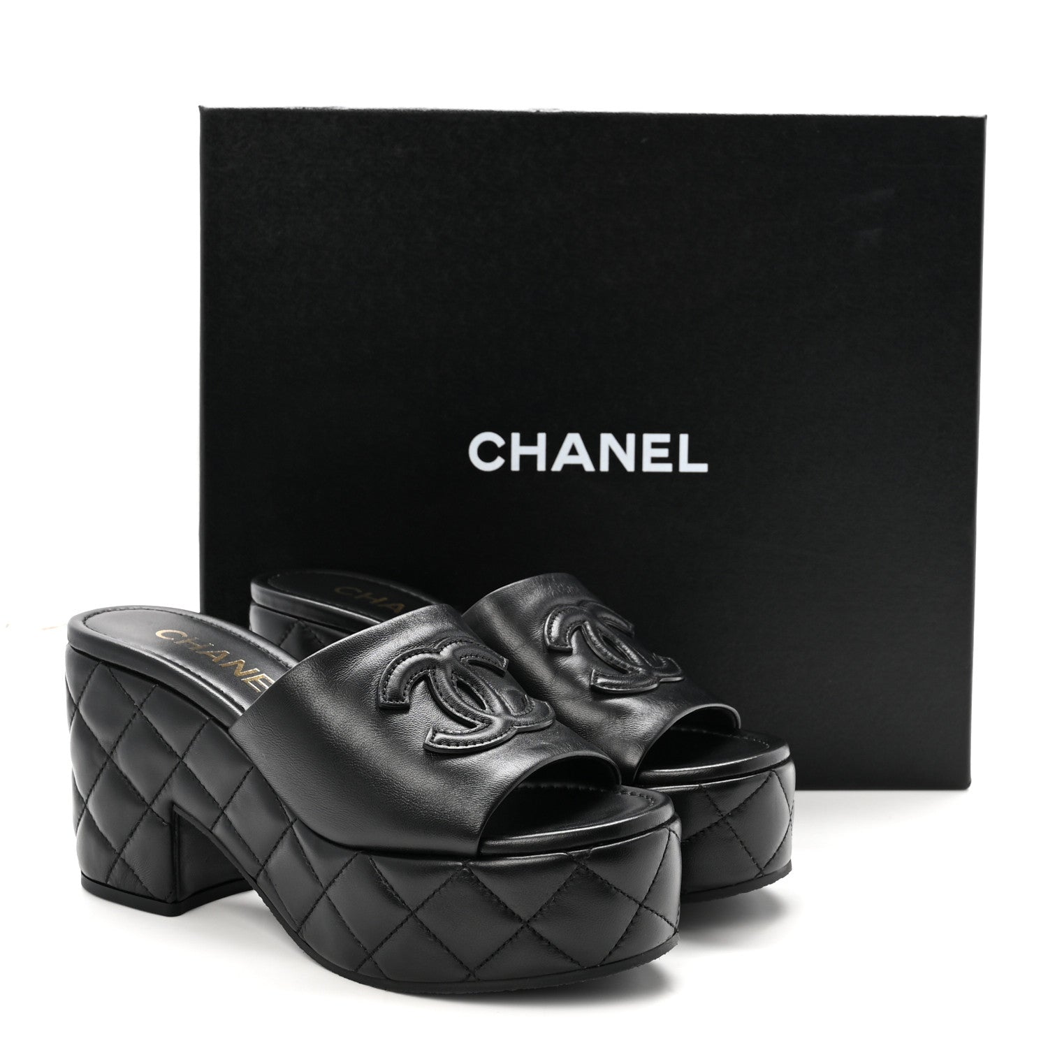 Chanel Lambskin Quilted CC Platform Mules 37.5 Black 1906667