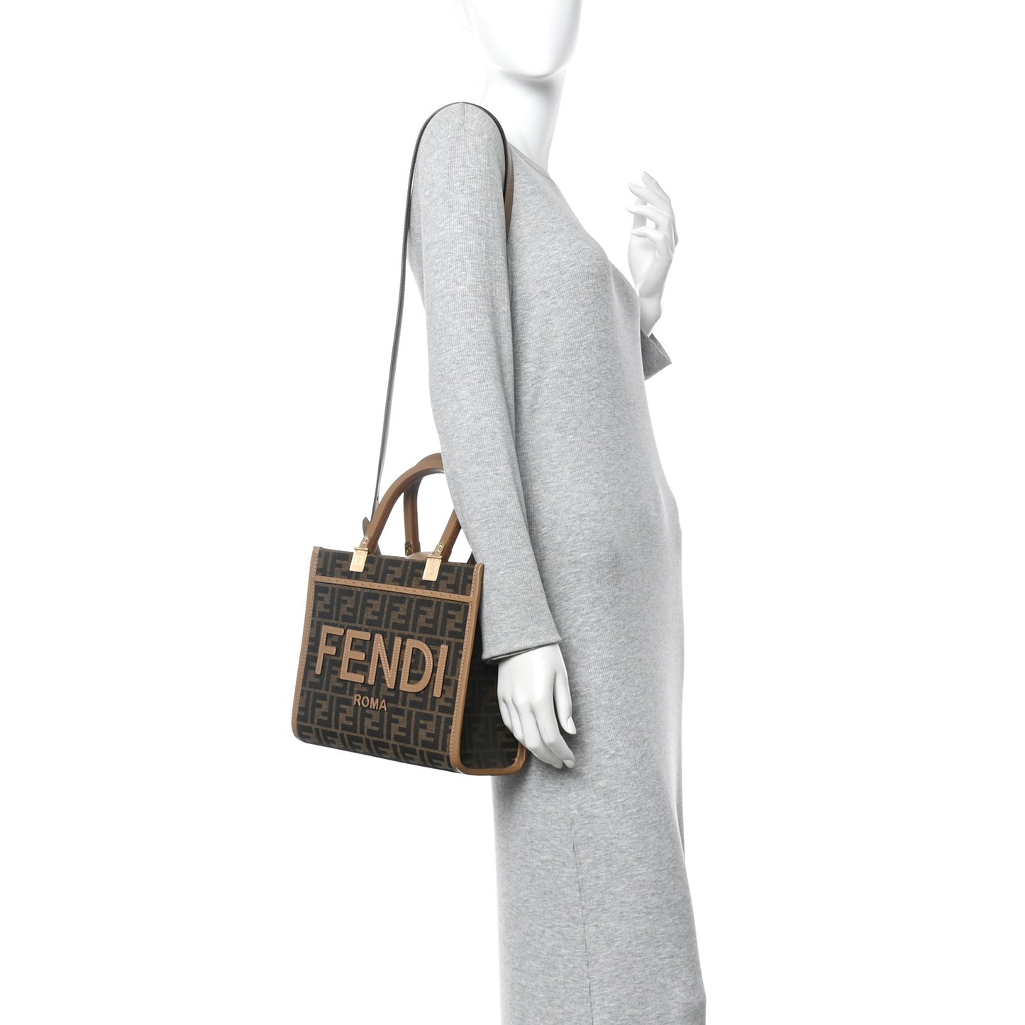 Fabric Jacquard FF 1974 Logo Small Fendi Sunshine Shopper Tote Tobacco Moro Sand
